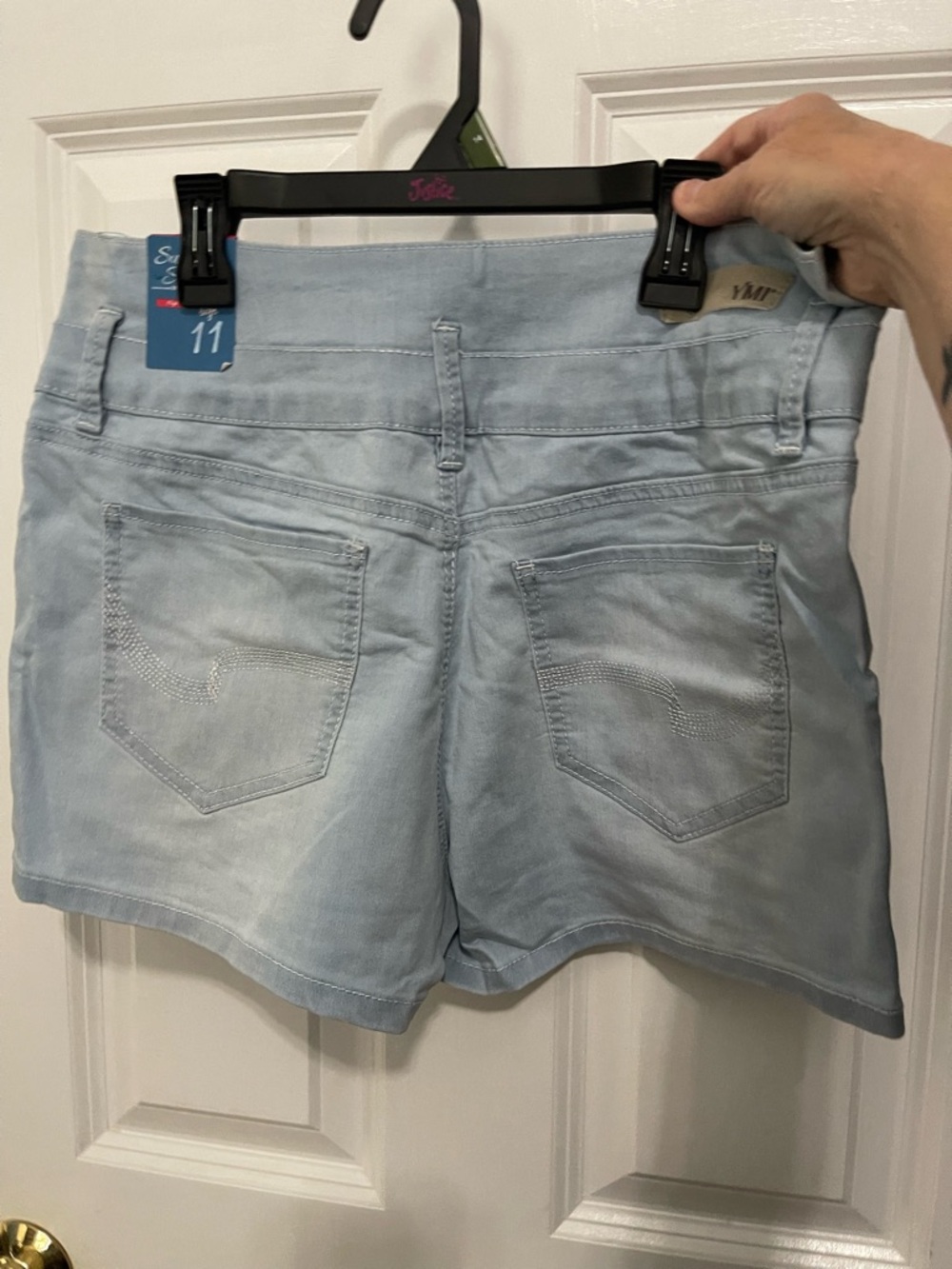 YMI Light Blue High-Rise Triple-Button Denim Shorts - Picture 2 of 4